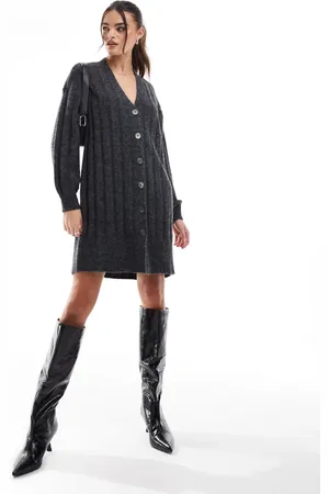Pieces® Wide rib knitted cardigan mini dress in dark