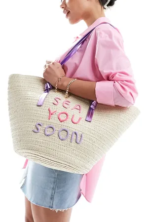 South Beach Straw basket shoulder bag with embroidered detail
