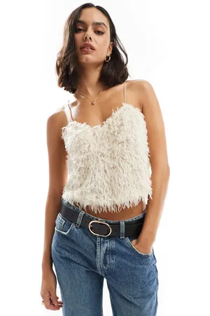 ONLY Fluffy cropped strappy top in cream