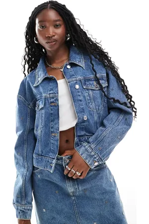 HUGO BOSS Gisolia co-ord denim jacket in midwash with all over logo studding
