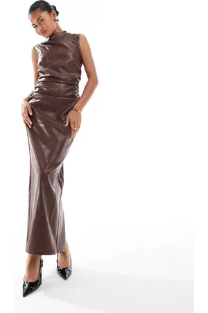 Amy Lynn Faux leather ruched front maxi dress with back split in oxblood