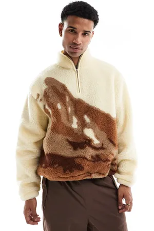 ASOS Extreme oversized half zip borg sweatshirt with printed landscape in beige