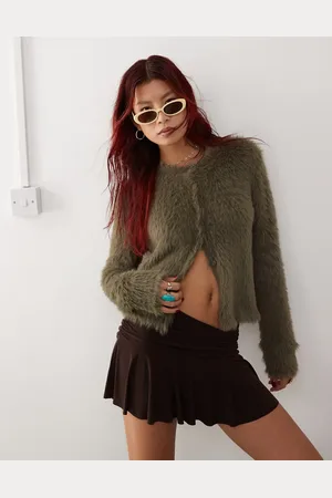 Monki Fluffy knitted cardigan in khaki