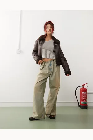 Monki Vintage look faux shearling aviator jacket with buckle collar