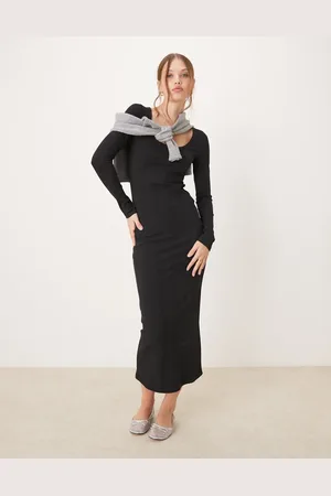 ASOS Spaced ribbed long sleeve scoop midi dress in