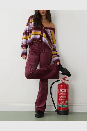 Monki Cord flare leg trouser with front pintuck seam in burgundy