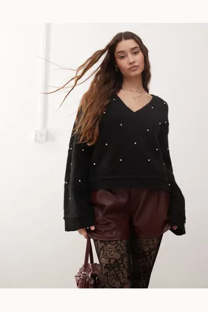 Miss Selfridge Diamond pattern embellished wide sleeve jumper in