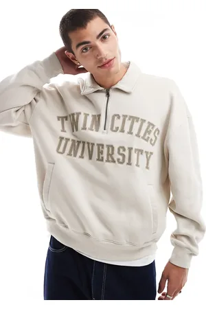 Hollister Motif quarter zip boxy foldover collar sweat top in beige