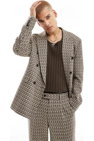 Viggo Fernandes double breasted oversized checked suit jacket in tan