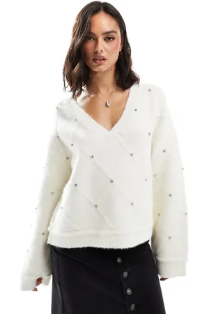 Miss Selfridge Diamond pattern embellished wide sleeve jumper in cream