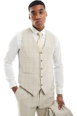Shelby & Sons Shelby and Sons wainwright slim suit waistcoat in stone with windowpane check