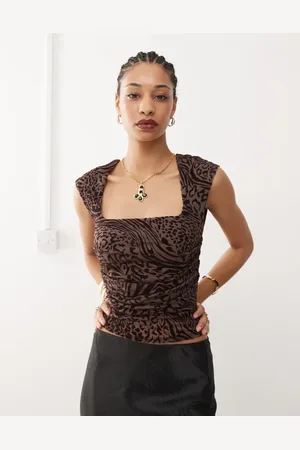 COLLUSION Square neck cap sleeve drape top in leopard devore