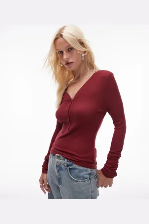 Topshop Premium textured waffle long sleeve top in deep red