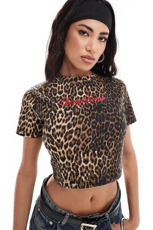 Kaiia Cherry bomb logo cropped baby tee in leopard