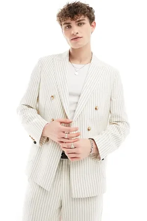 Twisted Tailor Pinstripe double breasted slim suit jacket in cream