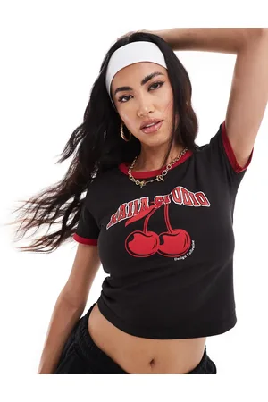 Kaiia Cropped contrast edge cherry motif baby tee in