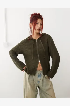 Monki Knitted rib hoodie zip up cardigan in