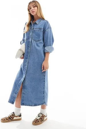 ASOS Denim maxi shirt dress in mid wash