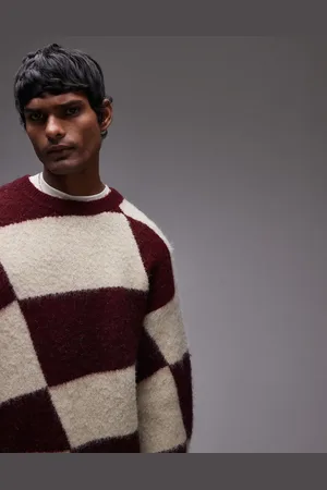 Topman Burgundy and ecru colour block jumper