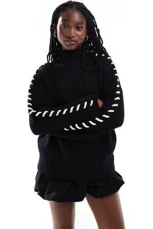 Daisy Street High neck cardigan knit jumperwith lace up sleeve detail