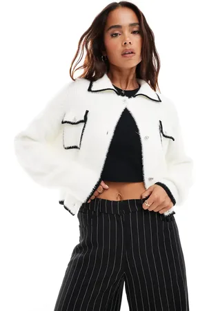 Miss Selfridge Lash detail tipped button through collar cardigan in cream