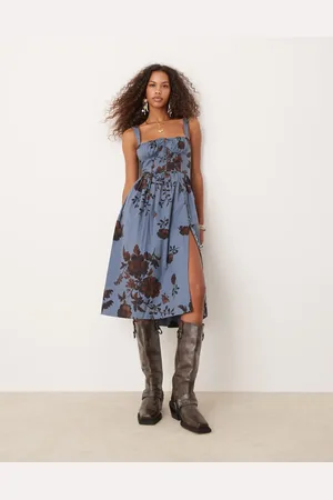 Free People Floral bloom print corset cami midi dress in deep blue