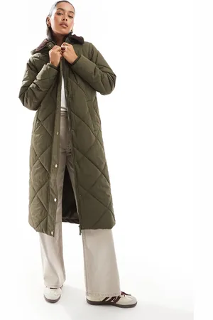 Threadbare Quilted longline jacket in khaki with contrast collar