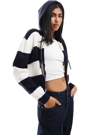Miss Selfridge Zip through crop knit hoody in mono stripe