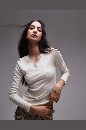 Topshop V neck lace pointelle long sleeve top in off white
