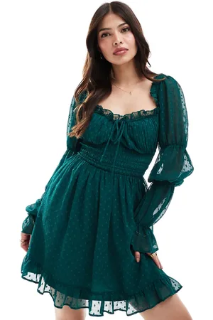 ASOS Dobby milkmaid long sleeve sleeve shirred waist mini dress in pine