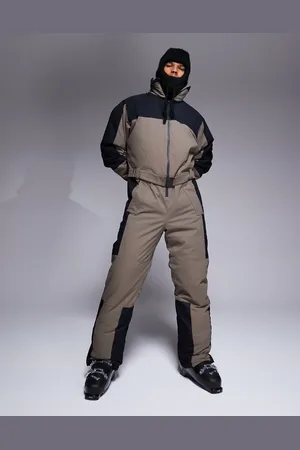 ASOS Ski water repellent straight fit belted ski suit in black & clay