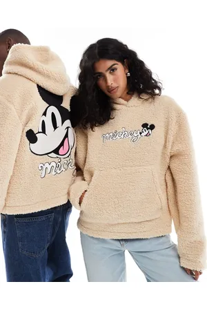 ASOS Disney unisex boxy oversized borg hoodie with micky face embroidery in beige