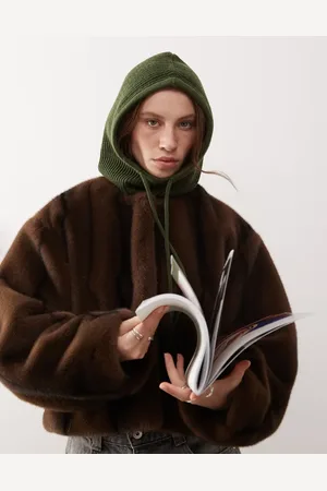 Monki Knitted hooded balaclava in olive