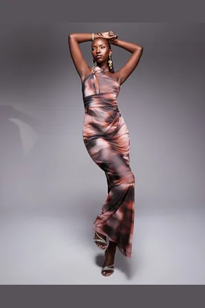 ASOS Halter cross front maxi dress in pink smudge print