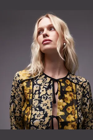 Topshop Patchwork scarf print tie front bed jacket in yellow floral print
