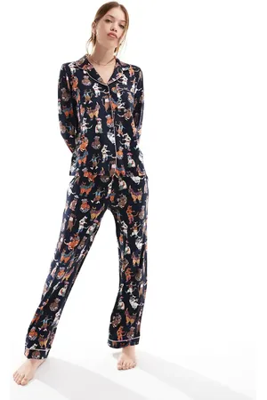 Chelsea Peers Poly long sleeve revere and trouser pyjama set in disco cat print