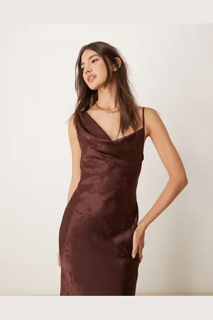 Miss Selfridge Cowl neck satin midi slip dress in chocolate