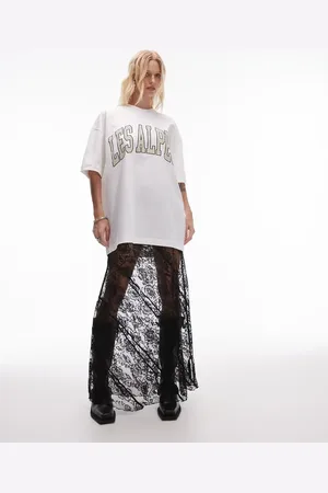 Topshop Sheer diagonal tiered floral lace maxi skirt in