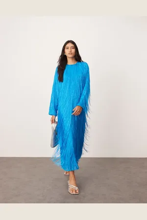 ASOS Fringe detail crew neck maxi dress in bright blue