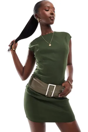 Kaiia Bengaline high neck oversized belt detail mini dress in khaki