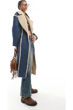 Daisy Street Denim trench coat with frayed edges and faux fur trim