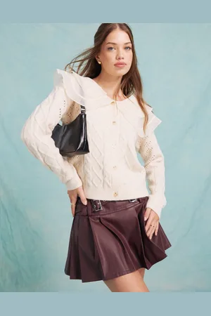 Miss Selfridge Contrast collar detail cable knit cardigan in cream