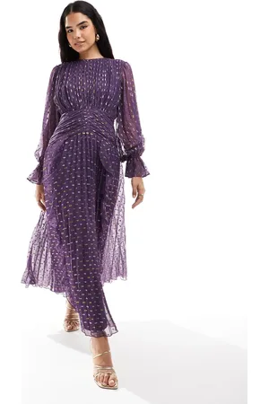 ASOS Metallic dobby high neck ruched belt detail maxi dress in purple