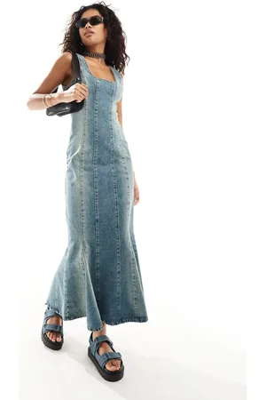 The Ragged Priest Fitted 90s maxi denim dress in overdye
