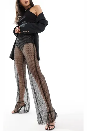 ONLY High waist wide leg mesh rhinestone trousers in