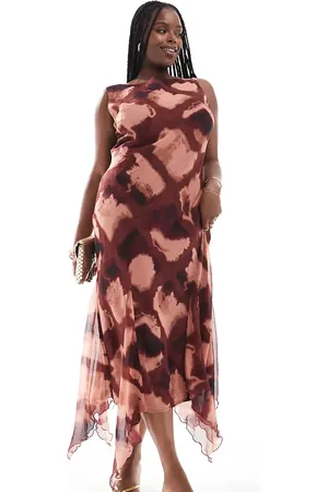 ASOS ASOS DESIGN Curve sleeveless midaxi dress with godets in blurred burgundy check