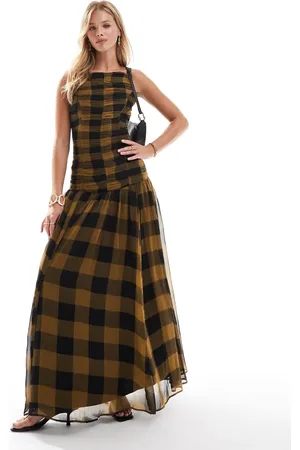 ASOS Chiffon ruched bodice princess seam maxi dress in brown and black check