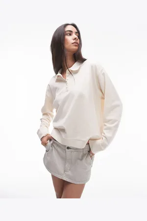 Topshop Boxy long sleeve polo top in ecru