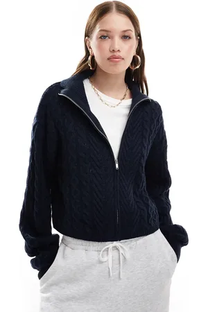 Miss Selfridge Cable knit zip through crop cardigan in
