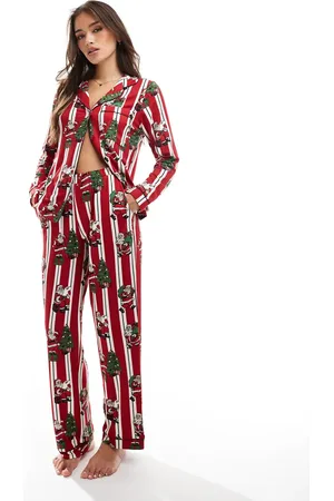 Chelsea Peers Poly Christmas His & Hers long sleeve revere and trouser pyjama set in vintage santa stripe print